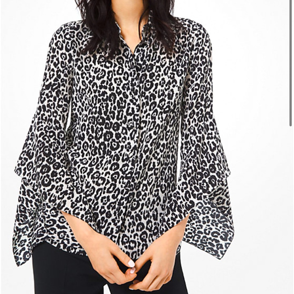 Michael Kors Collection Made in Italy 100% Silk Black&White Leopard Blouse US 10